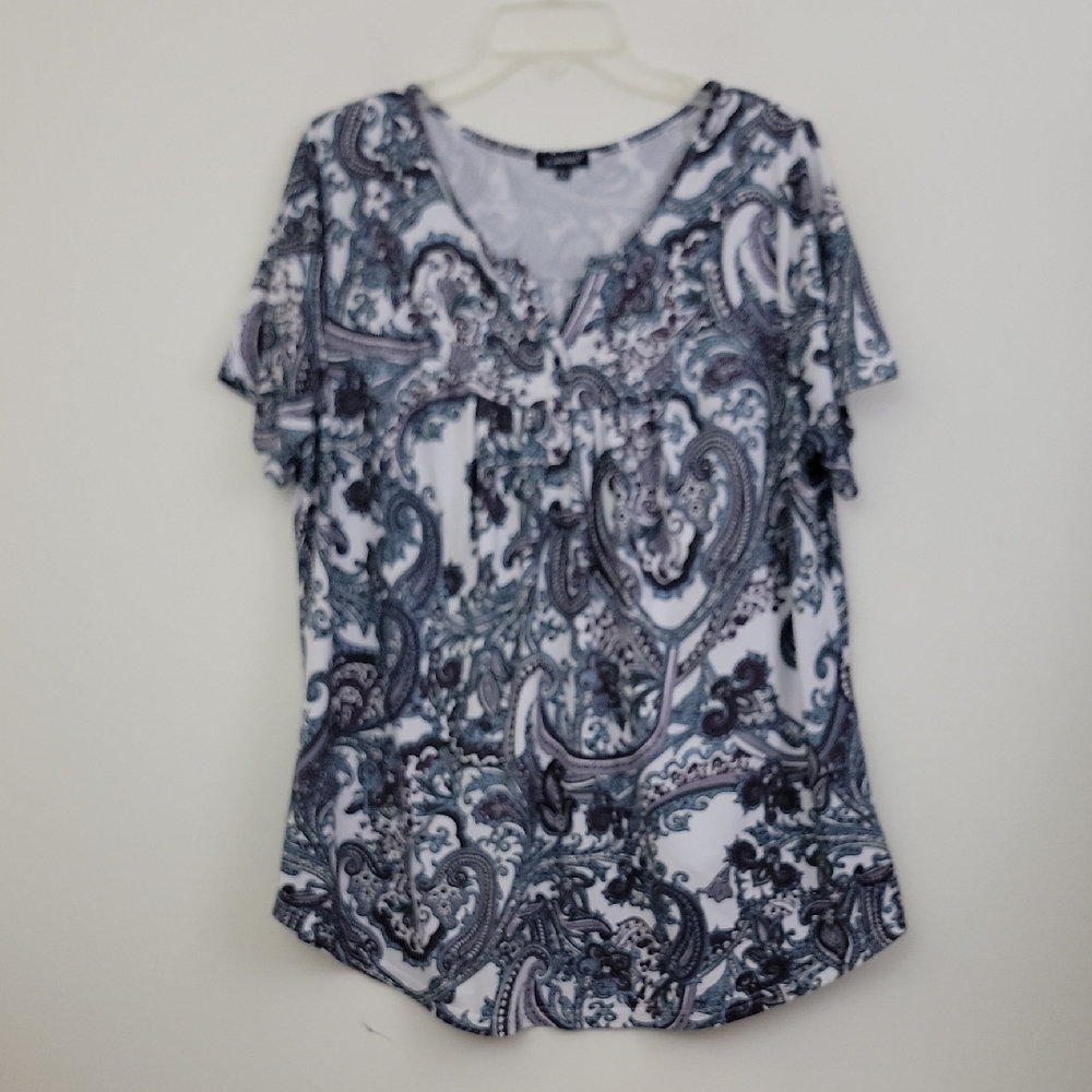 Purple, Blue & White Artsy Print Short Sleeve Peasant Top By a.Jesdani 2X